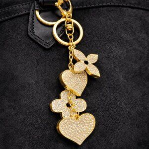 New Gold Rhinestone Hang 4 Charms Clover & Flower Keychain | Luxury Inspired Bag